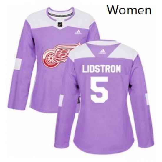 Womens Adidas Detroit Red Wings 5 Nicklas Lidstrom Authentic Purple Fights Cancer Practice NHL Jersey